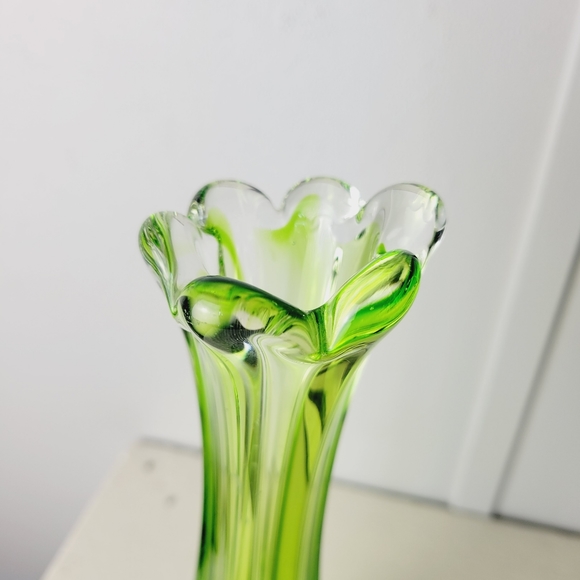 Vintage Six Finger Glass Swung Vase - Emerald Green to Clear - 9 inch Bud Vase - Picture 8 of 16